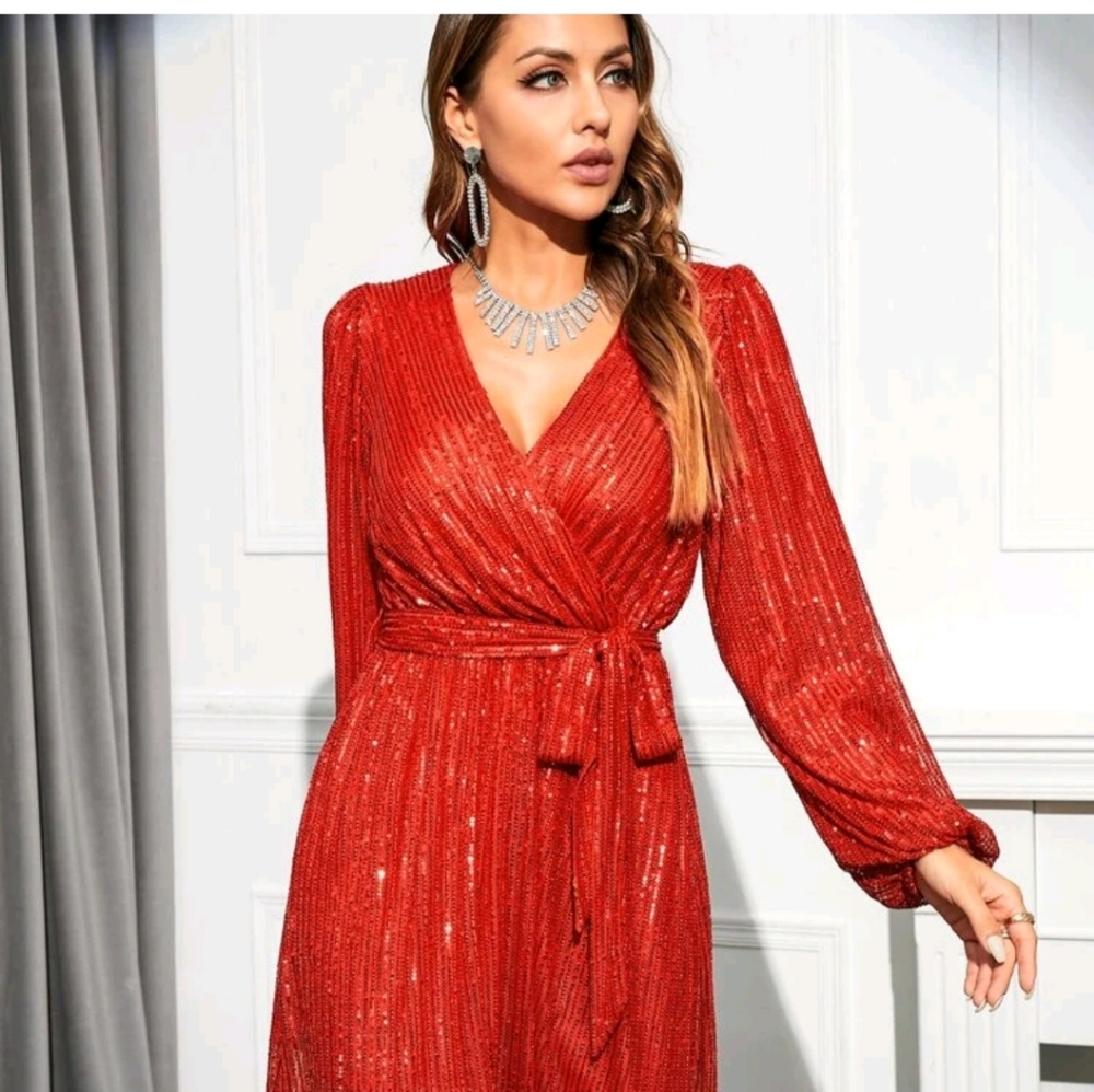 Surplice Neck Belted Sequin A-Line